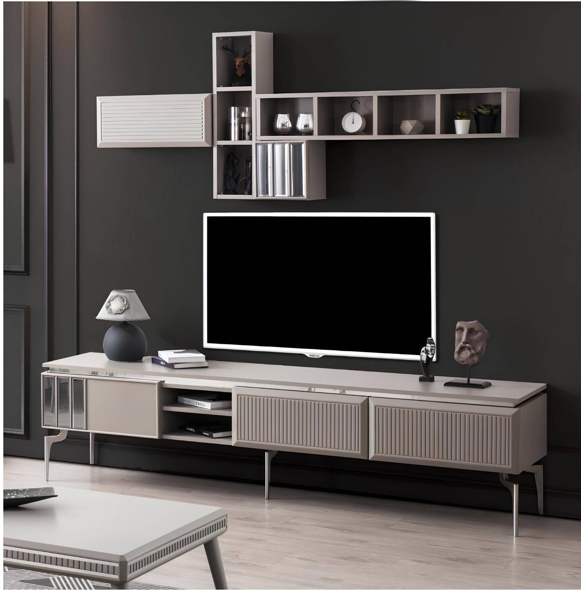 Sideboard RTV Lowboard Regale TV Ständer Schrank Holz Grau Wohnwand