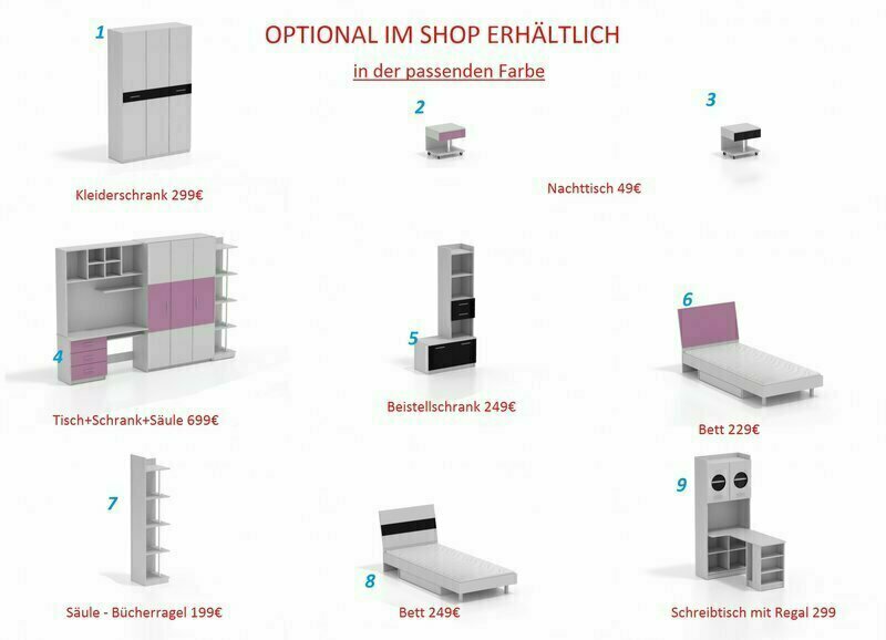 RAJ - Serie Freie Zimmergestaltung: Kleiderschrank Bett Nachttisch Bücherregal Farbwahl