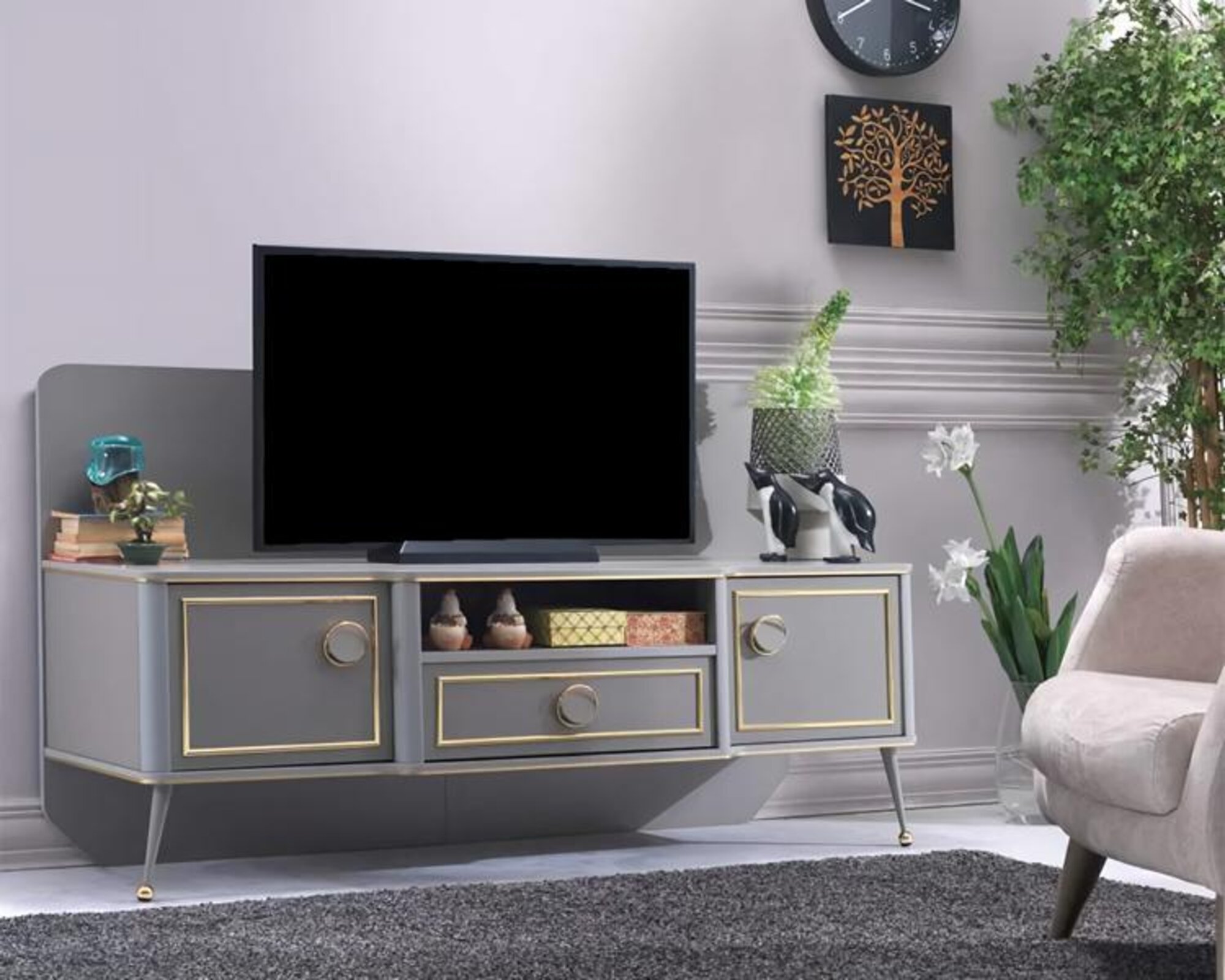 Grau TV Ständer Holzmöbel Wohnzimmer Einrichtung Design TV Möbel Modern