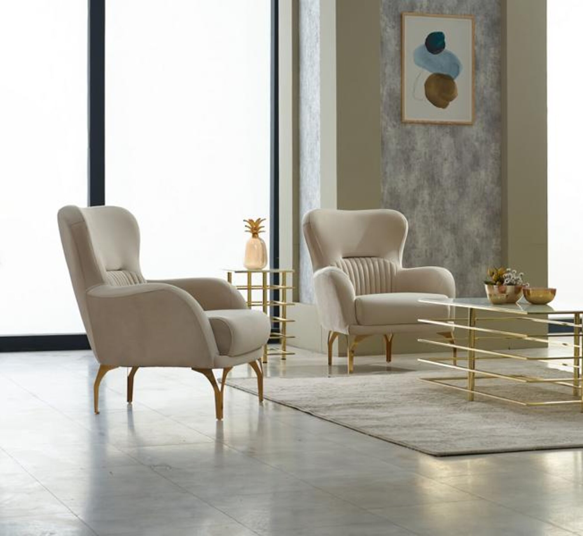 Ohrensessel Garnitur Sessel 2tlg Beige Polstersessel Stoff Einsitzer