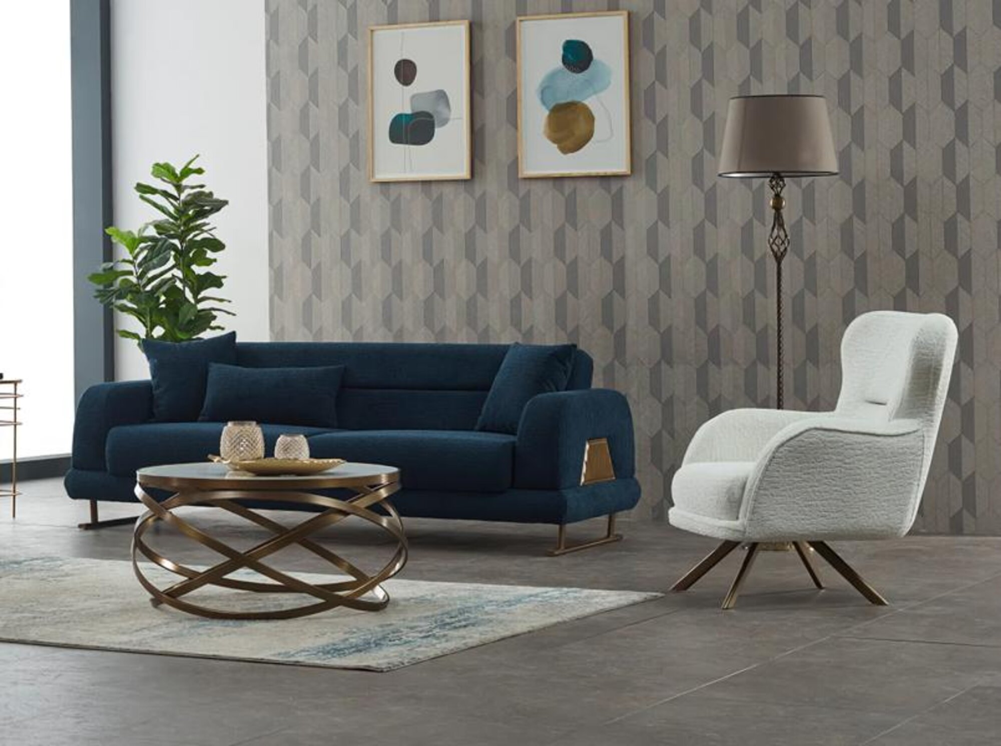 Garnitur Dreisitzer Sessel Couch Stoff 2tlg Polstersofa Sofa Blau Set