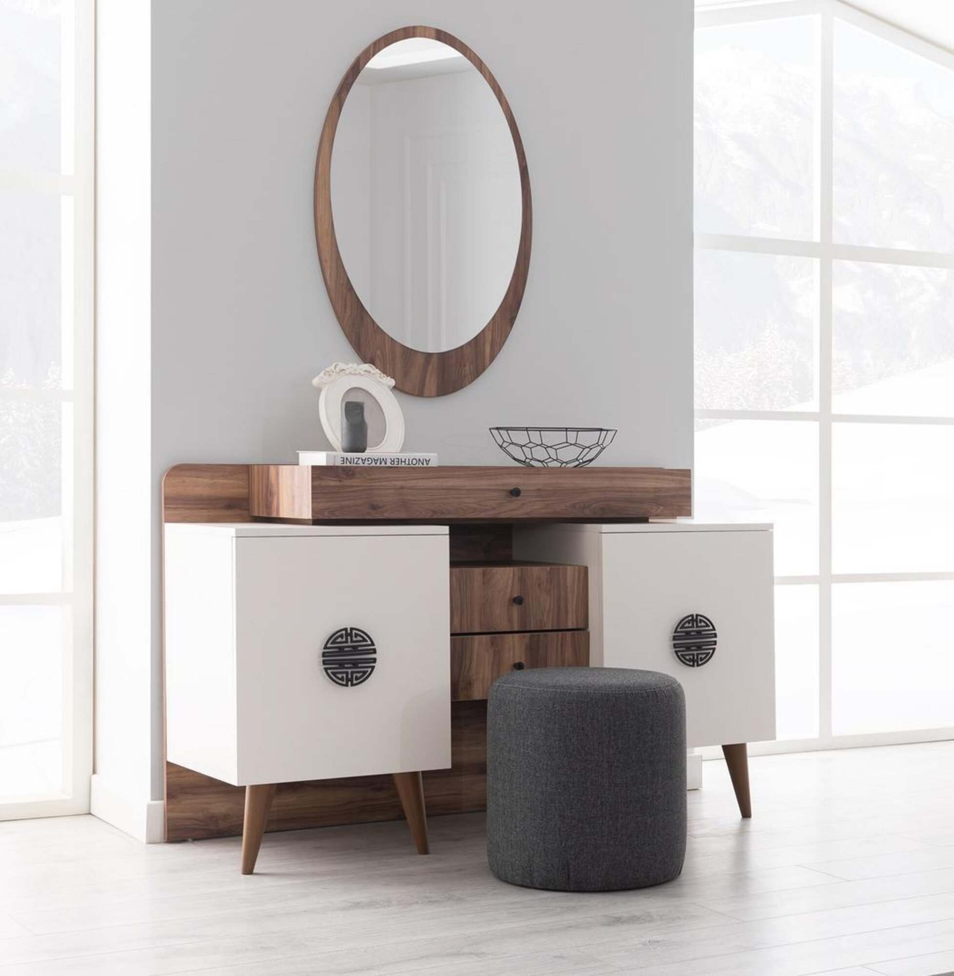 Braun-Weißer Schminktisch Mit Spiegel Luxuriöse Schlafzimmer Holz Möbel