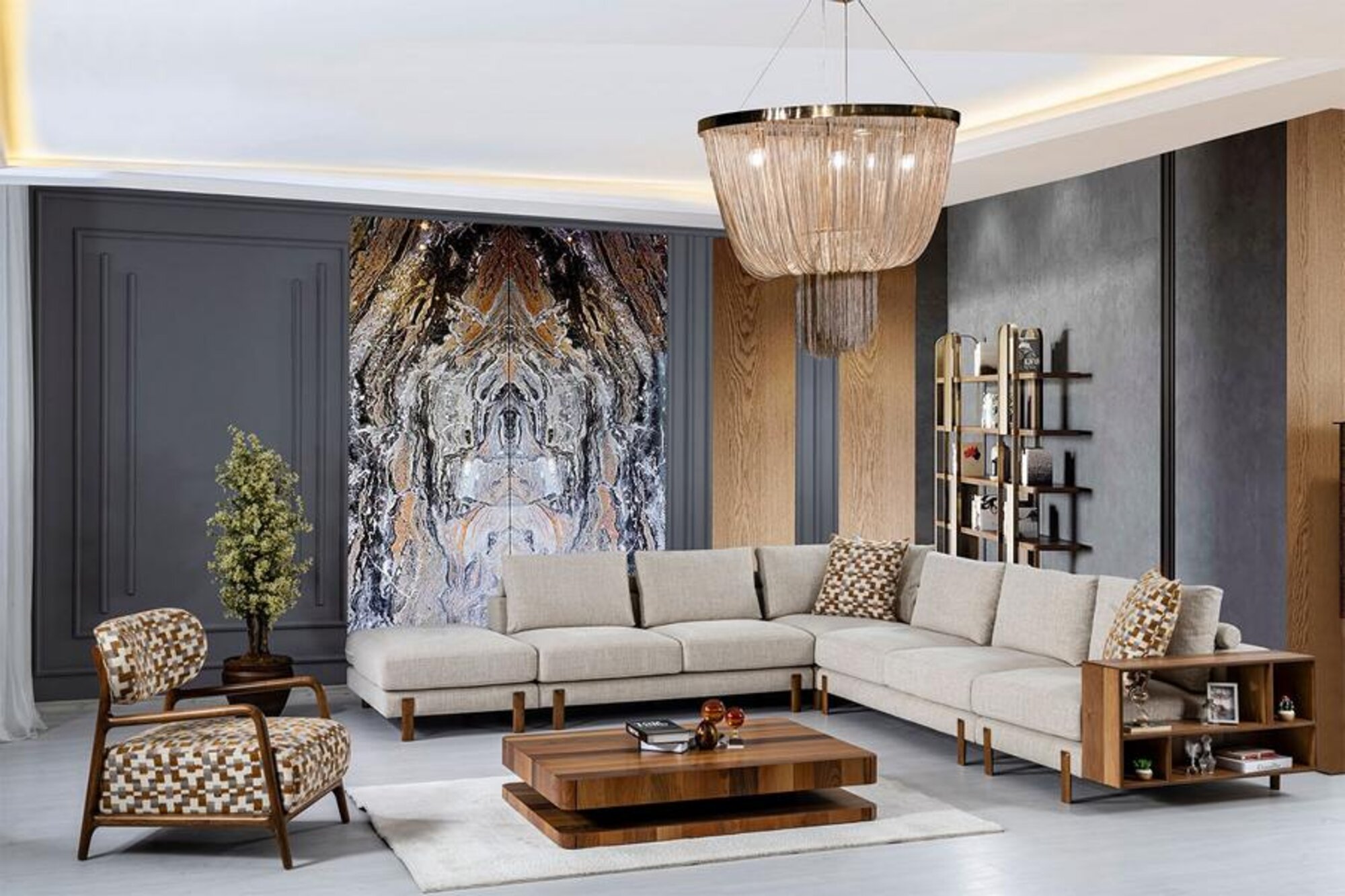 Stilvoll Beige Ecksofa L-Form mit Sessel Komfortabel Textil Sofa Set Eckgarnitur