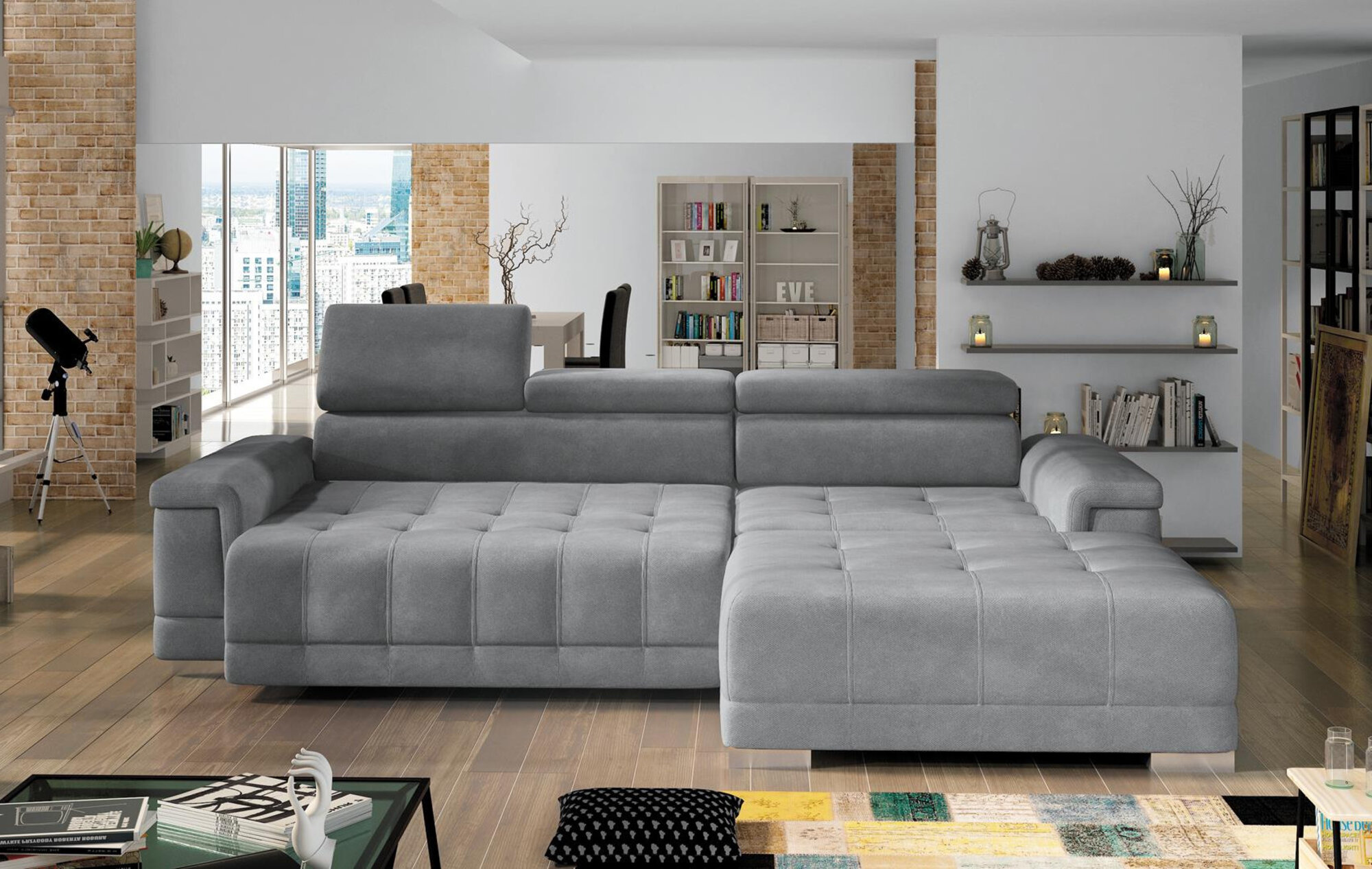Ecksofa L-Form Sofa Couch Design Polster Modern Textil Bettfunktion Grau Stoff