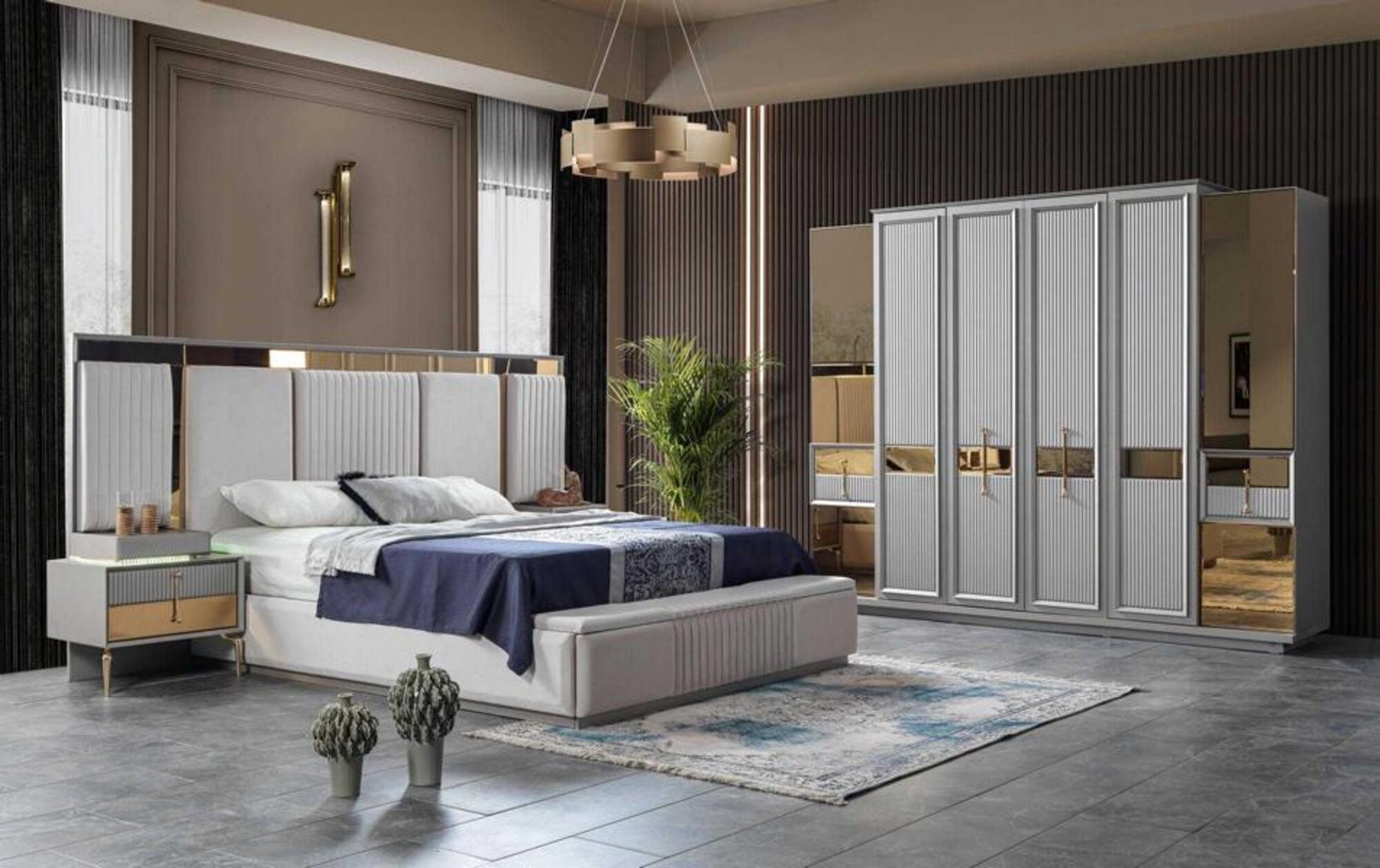 Elternzimmer Garnitur Schlafzimmer Set Komplette Schrank Bett Nachttisch 4tlg