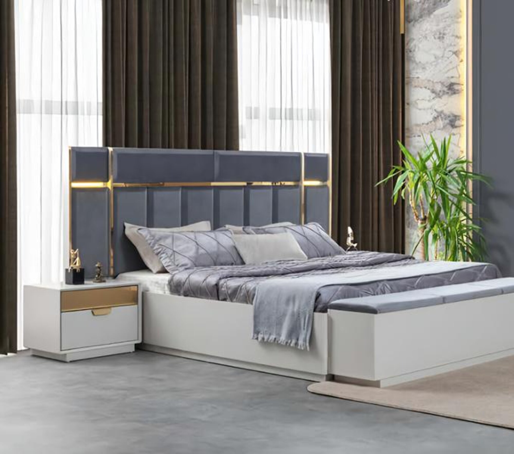 Doppelbett Nachttische Blau Weiß Edelstahl Luxus Schlafzimmer Möbel 3tlg