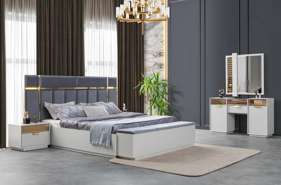 Schlafzimmer Bett Bank Nachttische Kommode mit Spiegel Weiß Blau Gold 5tlg