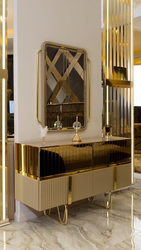 Kommode Verspiegelt mit Spiegel Gold Edelstahl Holz Luxus Wohnzimmer