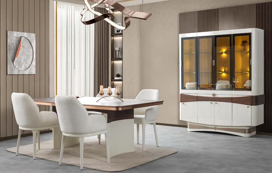 Essgruppe Esstisch 4x Stühle Vitrine Mit Beleuchtung Weiß Esszimmermöbel 6tlg