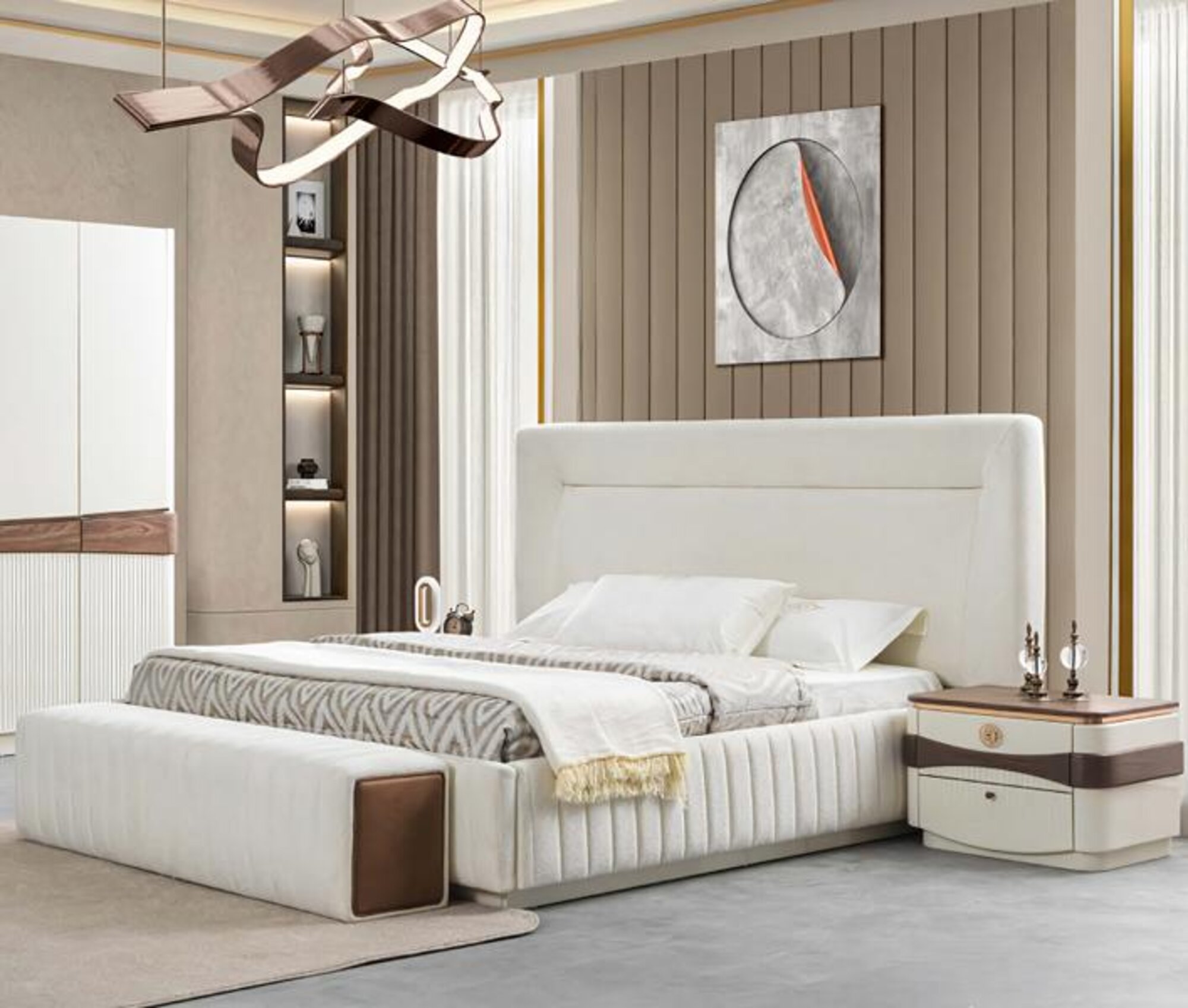 Bett Sitzbank 2x Nachttische Weiß Schlafzimmer Komplett Modern Design