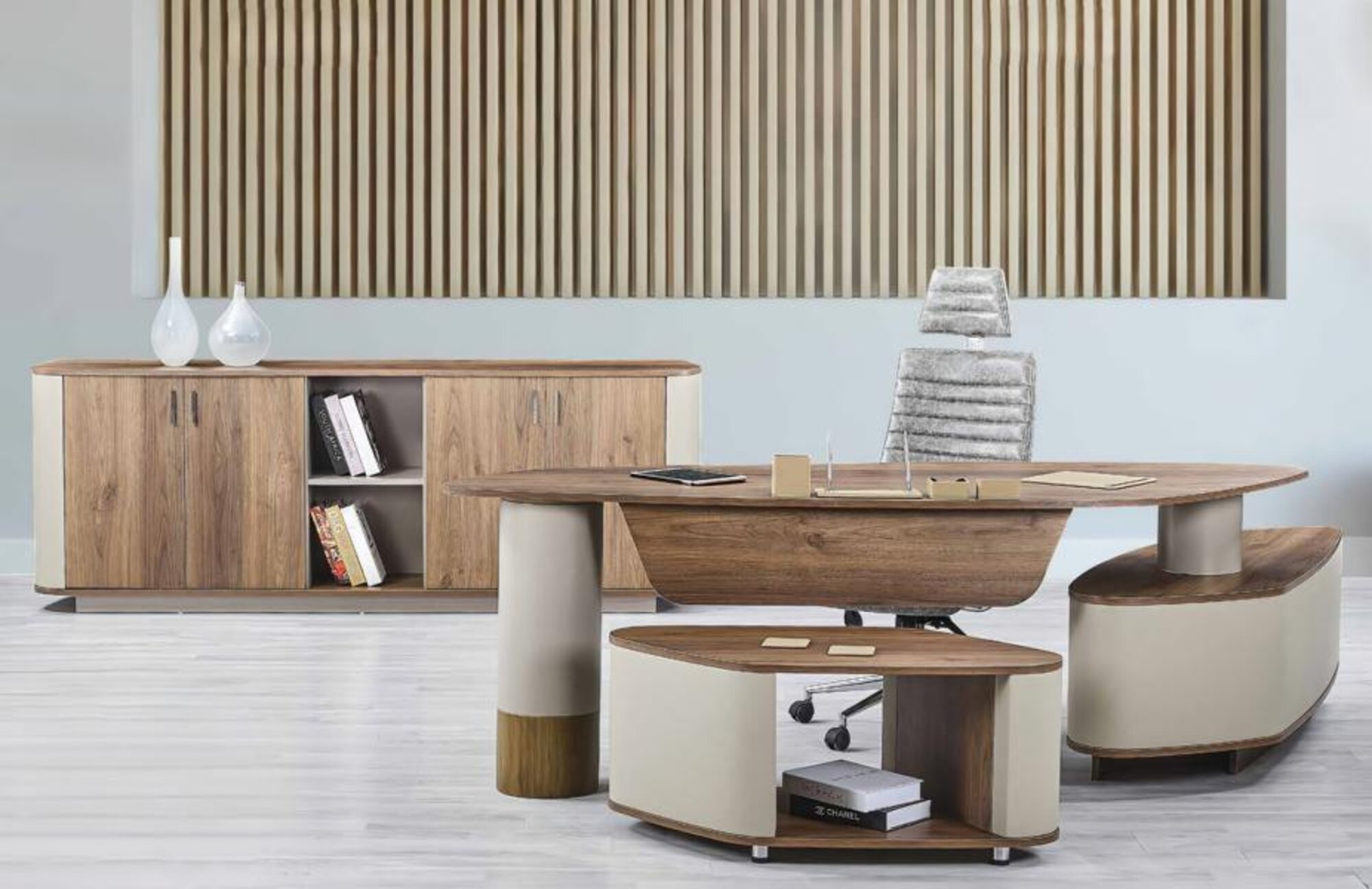 Designer Arbeitszimmer Set Schreibtisch Sideboard Couchtisch Beige Holz