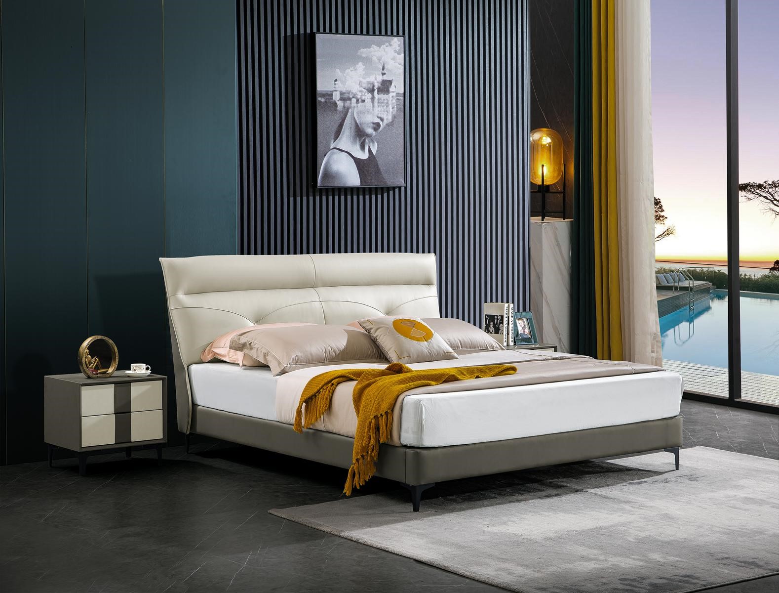 Schlafzimmer Lederbett Komplettes Bett Nachttischen 3 tlg. Garnitur Hotel