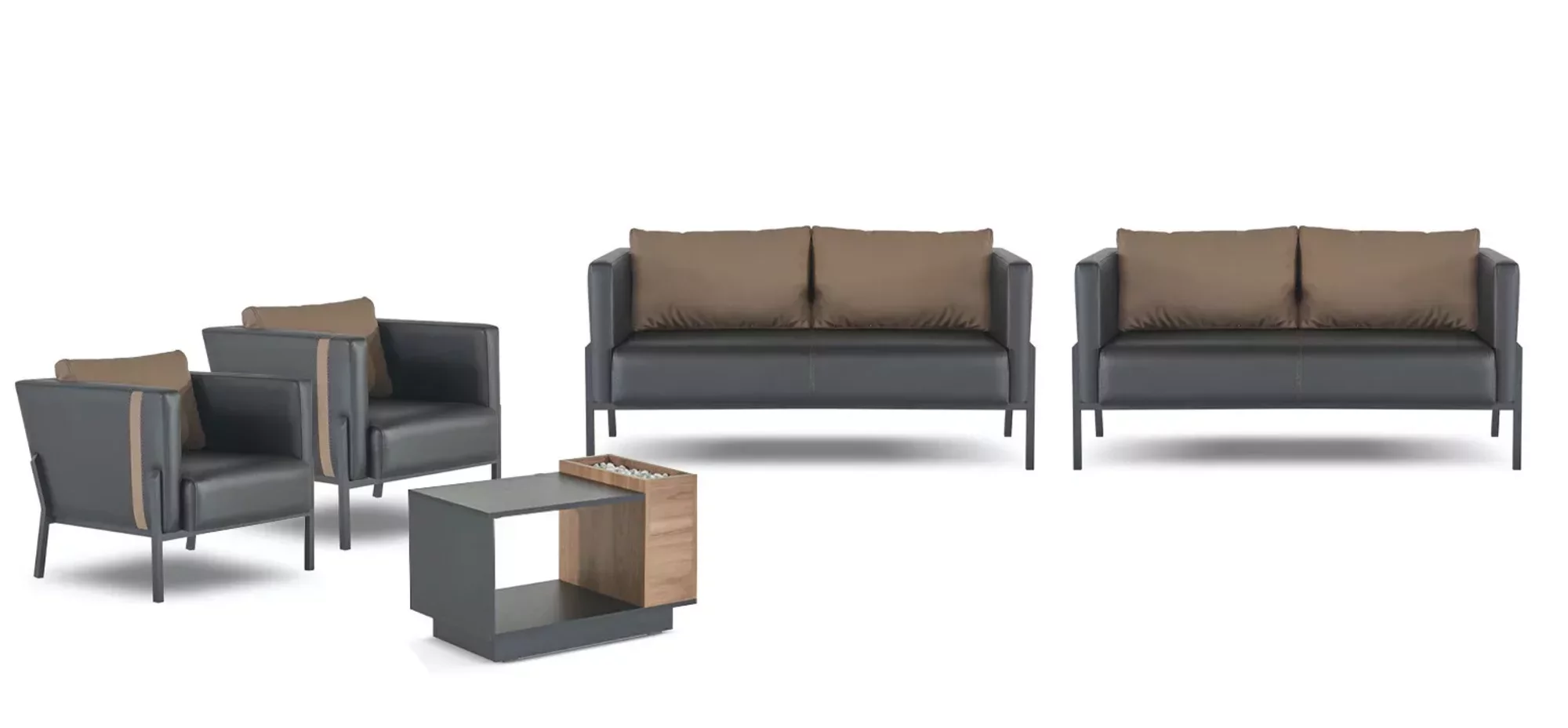 Schwarz-Braune Arbeitszimmer Sitzgarnitur Designer Sessel 2-Sitzer Tisch