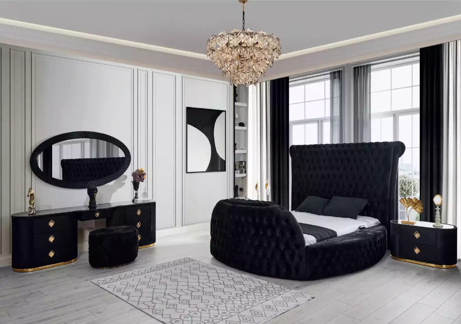 Schlafzimmer schwarz Set Bett 2x Nachttische Schminktisch Chesterfield 5tlg.