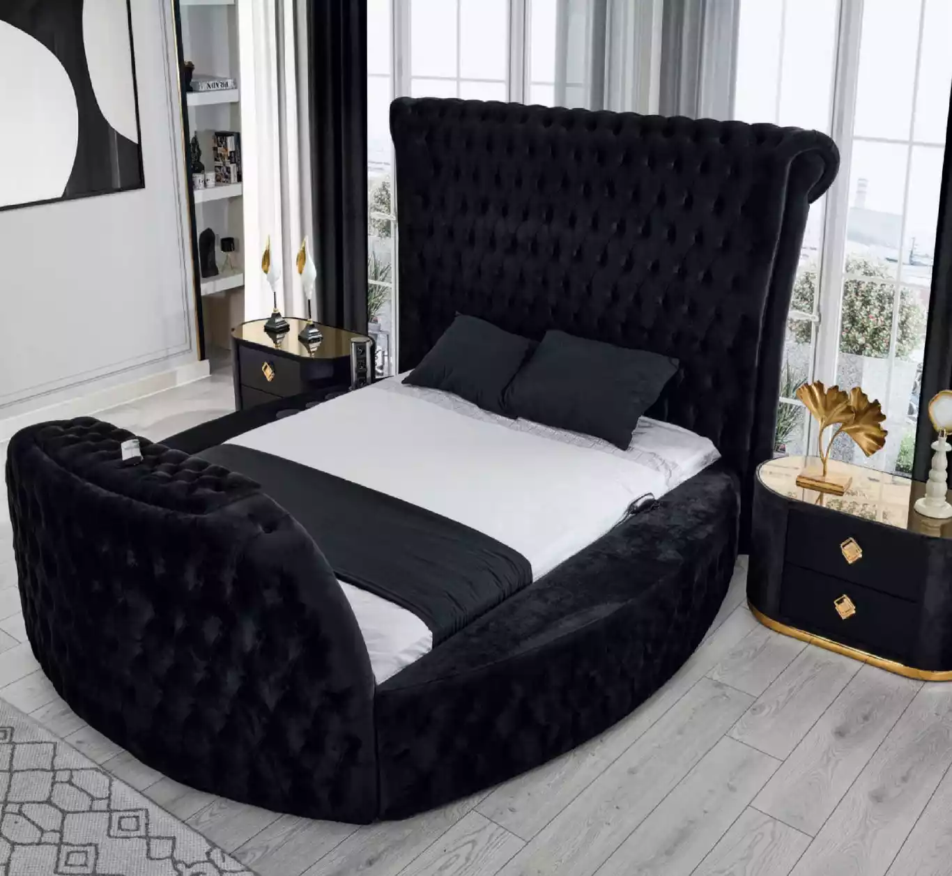Rund Bett Chesterfield mit Lift Schrank Polster Betten Rundbetten Möbel 3tlg.