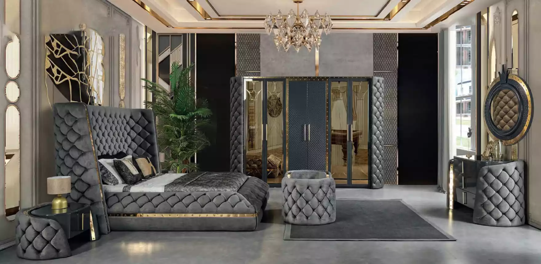 Chesterfield Schlafzimmer Set Bett 2x Nachttische Schminktisch Schrank 5tlg