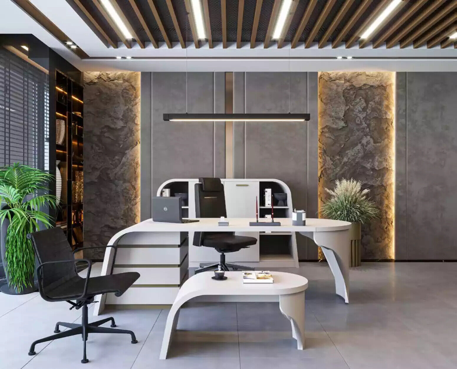 Weißes Büro Set Chef Schreibtisch Oval Couchtisch Aktenschrank Regal 3tlg.