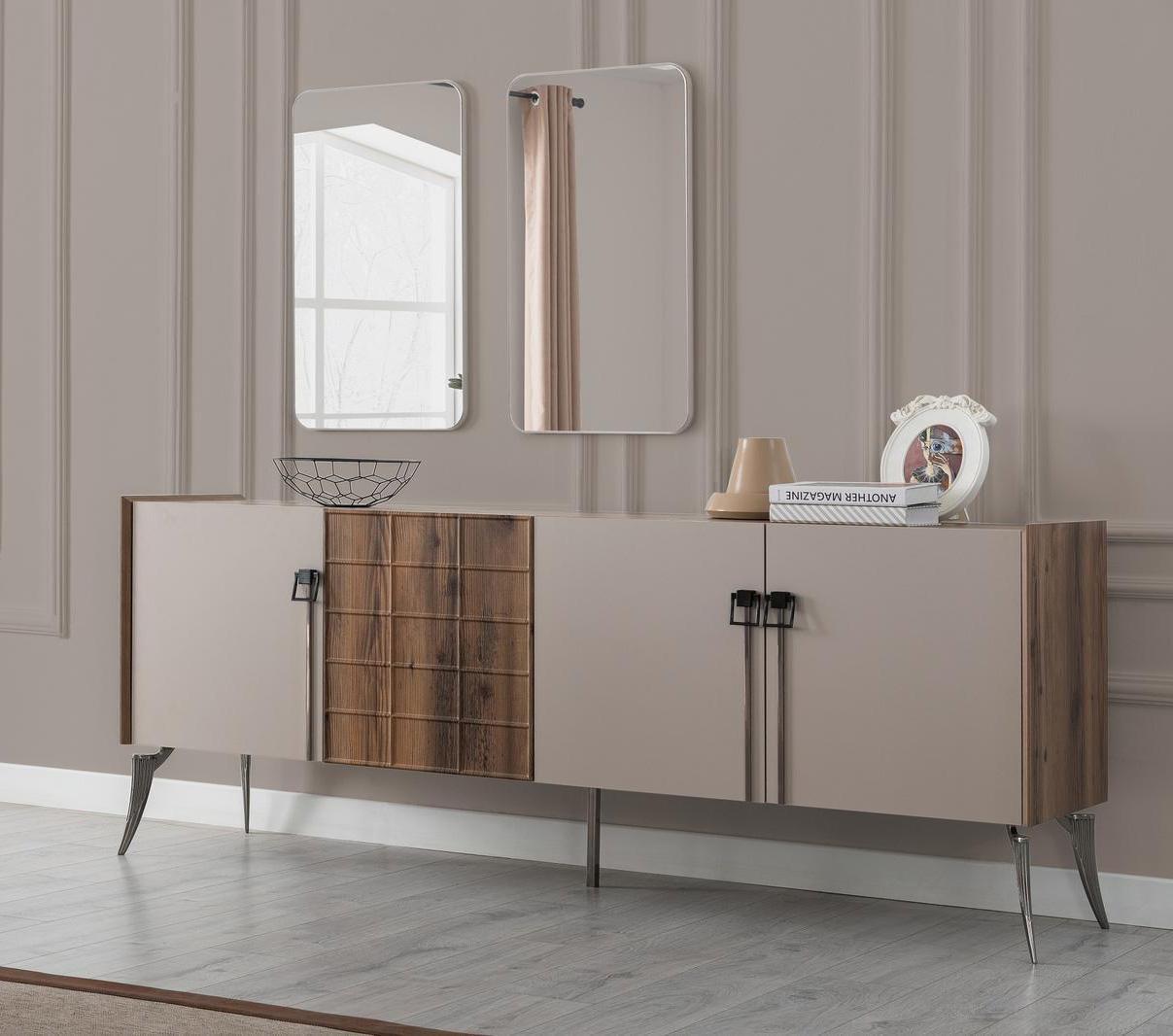 Moderne Beige Garnitur Luxus Sideboard 2x Spiegel Holzmöbel Anrichte