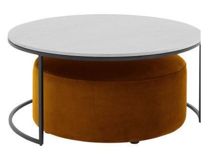 Weißer MDF Couchtisch + orangefarbener Hocker neue Metallbeine Luxus