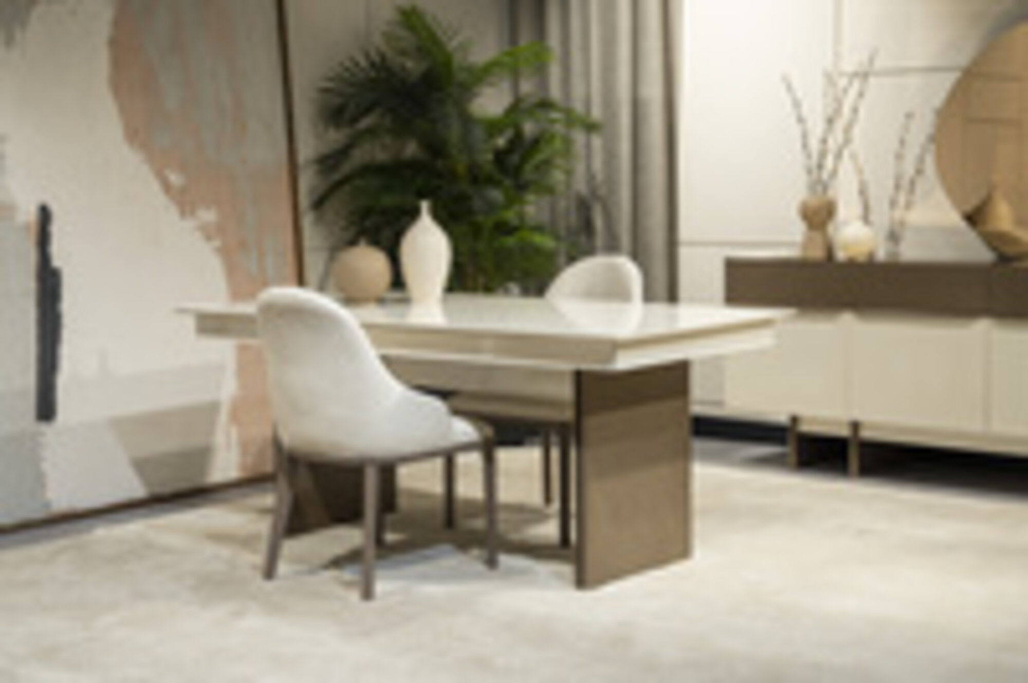 Weiß-Braune Esszimmer Garnitur Ausziehbarer Tisch 6x Stühle Anrichte