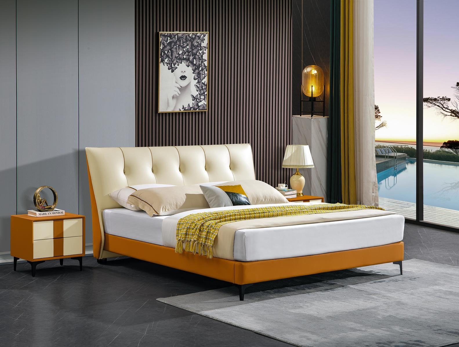 Luxus Lederbett Bett Doppel Ehe Polster Hotel Komplettes Set Nachttische