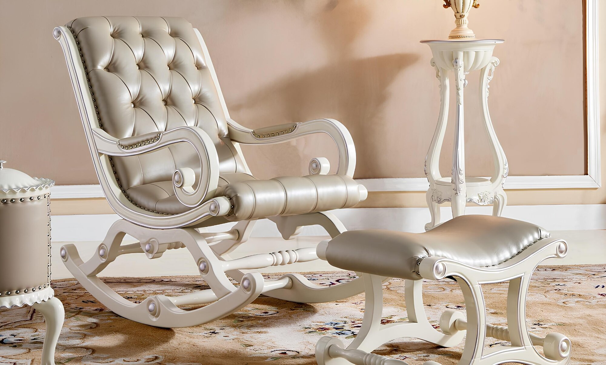 Chesterfield Barock Schwingsessel Sessel Schaukelstuhl Schwing Relax Echtholz