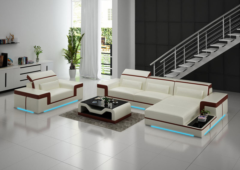 Ledersofa Couch Wohnlandschaft Ecksofa + Sessel Eck Garnitur Design