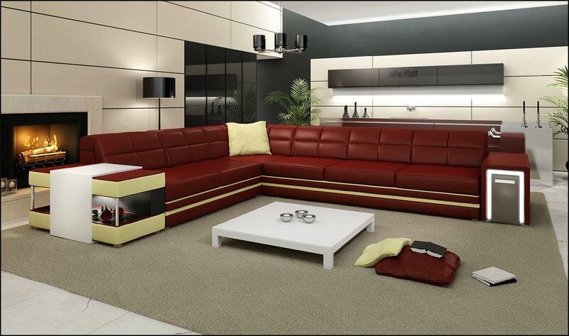 Ecksofa Sofa Couch Polster Leder Garnitur Wohnlandschaft Ecke Wohn Rot PH3026