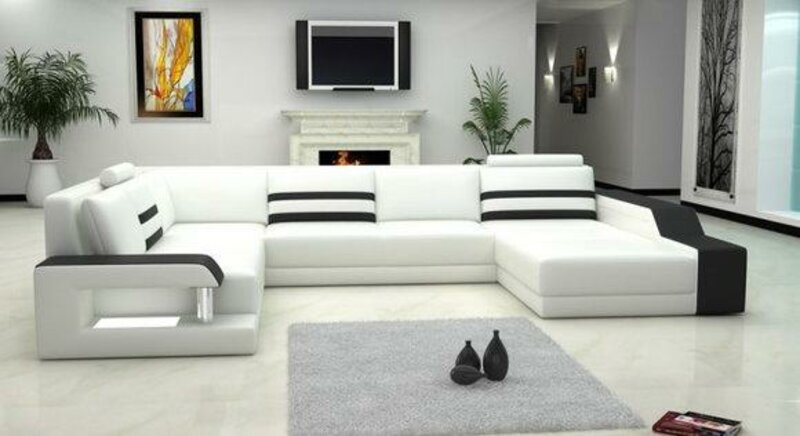 Ecksofa Sofa Couch Polster Leder Garnitur Wohnlandschaft Ecke Wohn Weiß PHX1
