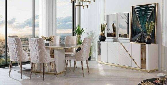 Beige Edelstahl Esszimmer Garnitur Designer Esstisch x6 Stühle Kommode