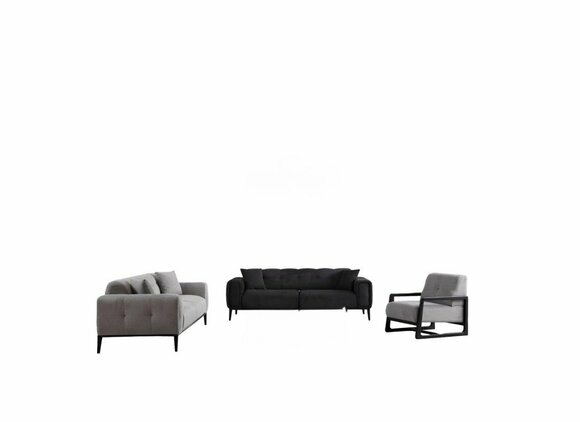 Schicke Schwarz-Graue Wohnzimmer Polstergarnitur Dreisitzer Sessel 3tlg