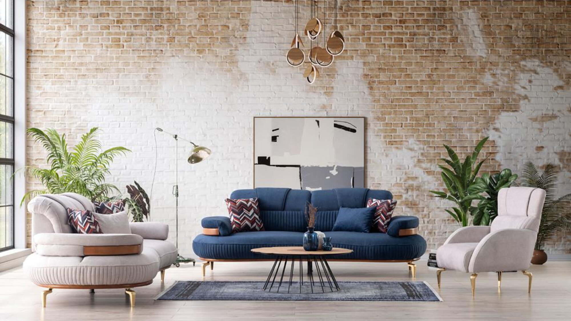 Elegante Sofagarnitur 3+3+1 Stilvolle Wohnlandschaft Beige Blau Sitzpolter Set