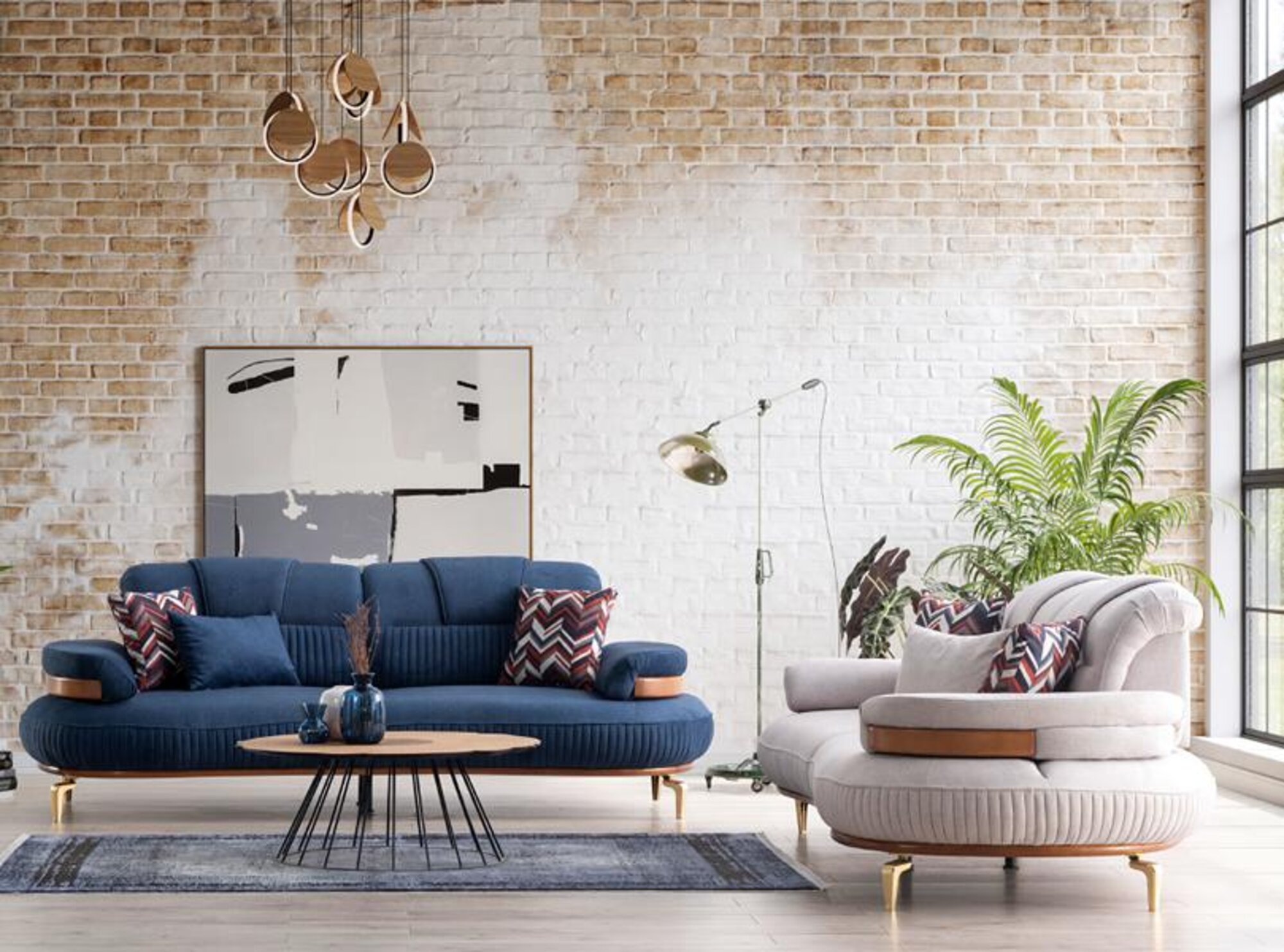 Moderne Sofagarnitur 3+3 Wohnlandschaft Beige Blaue Sitzgarnituren Stoffsofa