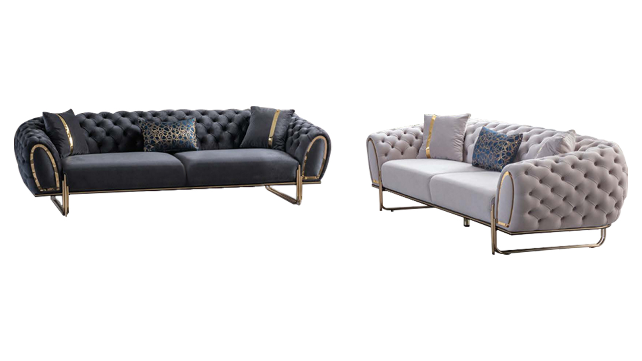 Weiß-Graue Chesterfield Couchgarnitur Textil Sofas 2x 3-Sitzer