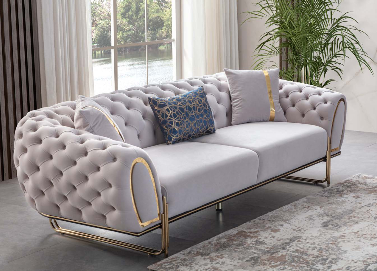 Moderner Weißer Chesterfield Dreisitzer Edelstahl Polster Sofa