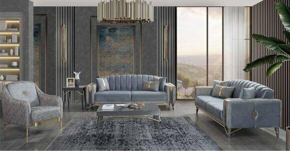 Luxuriöse Graue Polster Sofagarnitur Wohnzimmer 3-Sitzer Textil Sessel