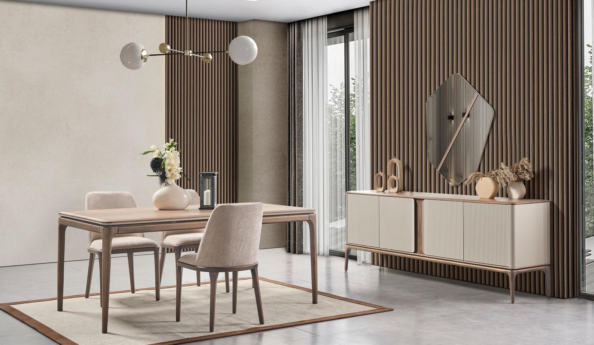 Essgruppe Esstisch 4 Stühle Sideboard Spiegel Modern 7tlg Holz Beige
