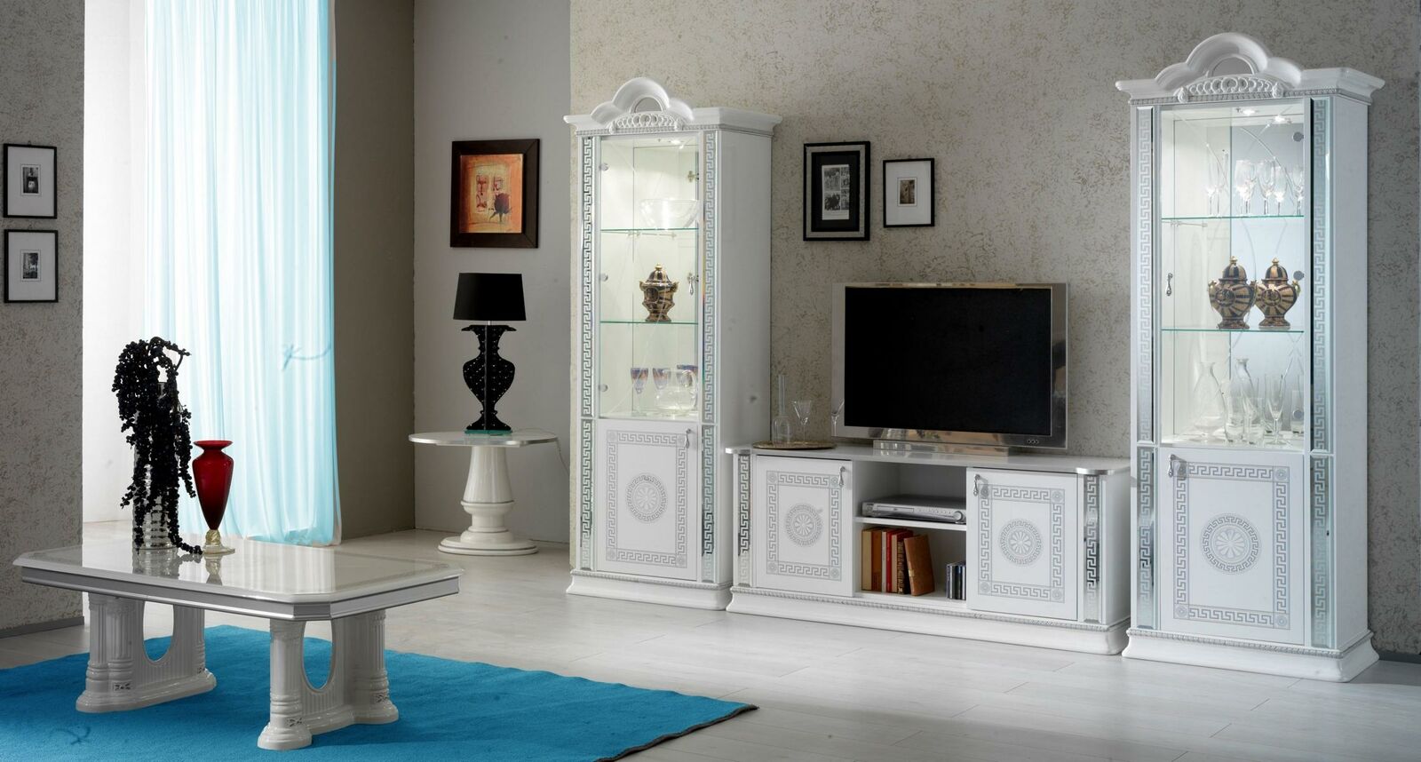 Wohnzimmerset Wohnwand Vitrine Kommode Tisch RTV Vitrinen Komplett