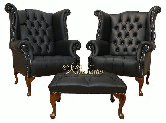Chesterfield Ohrensessel 2x + Hocker Leder Sofa Set Garnitur Polster