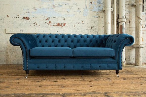 XXL Sofa 3 Sitzer Couch Chesterfield Polster Sitz Garnitur Textil Leder Blau Neu