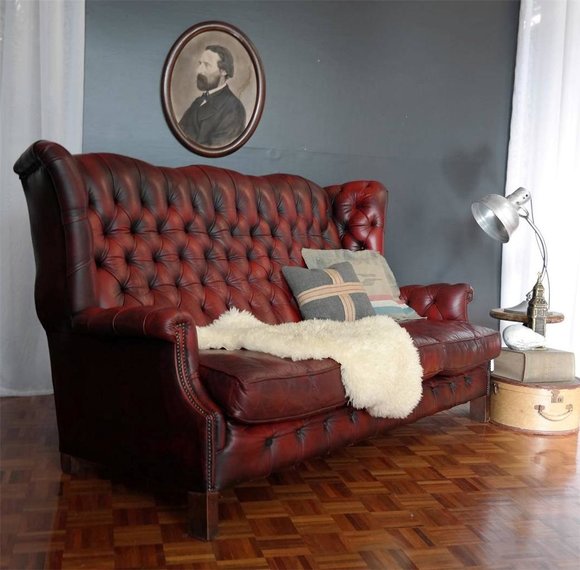 3 Sitzer Sofa Couch Sitz Garnitur Hohe Rückenlehne Chesterfield Leder
