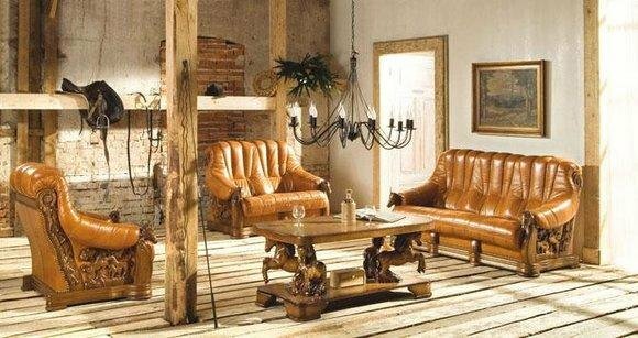 Wohnzimmer Sofagarnitur Couch Polster Sitz Sofa Leder Holz 3+2+1 Set