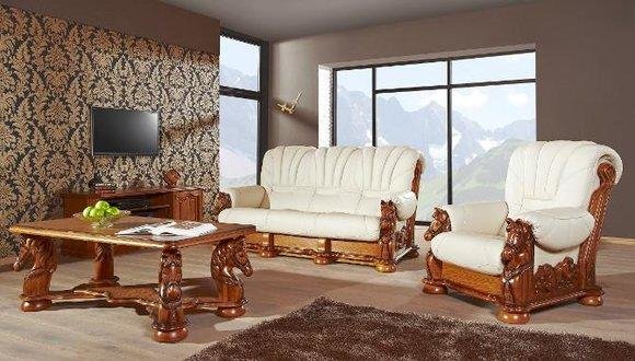 Klassische Sofagarnitur Couch Polster Sitz Garnitur Sofa Leder Holz 3+2+1