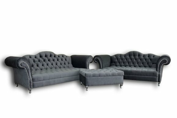 Sofagarnitur 3+2 Sitzers + Hocker Chesterfield Sofa Stoff Leder