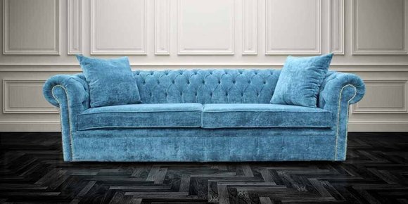 Klassische Wohnzimmer Sofa - Blaue Chesterfield Stoff Couch 3 Sitzer