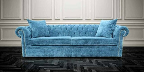 Klassische Wohnzimmer Sofa - Blaue Chesterfield Stoff Couch 3 Sitzer