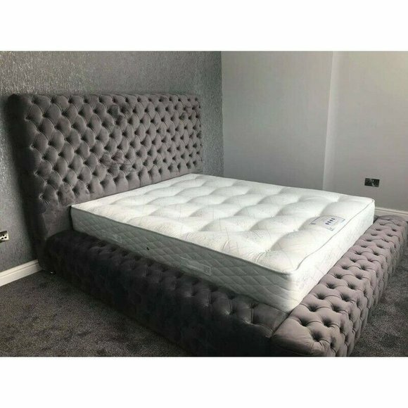 Chesterfield Bett Schlafzimmer Betten Textil 180x200cm Samt Big Hotel Grau
