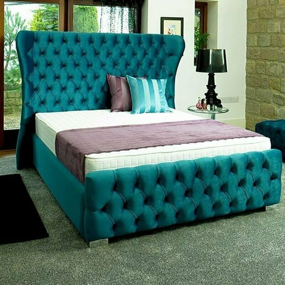 Chesterfield Turkis Grün Designer Bett Schlafzimmer Textil Leder Polster