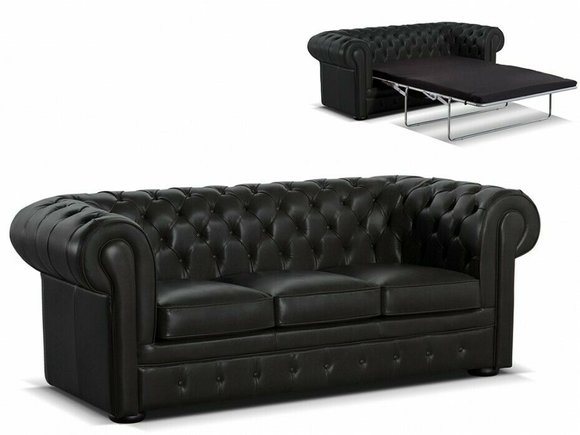 Schwarz Chesterfield 3 Sitzer Klassische Luxus Sofa Leder Couch Stil