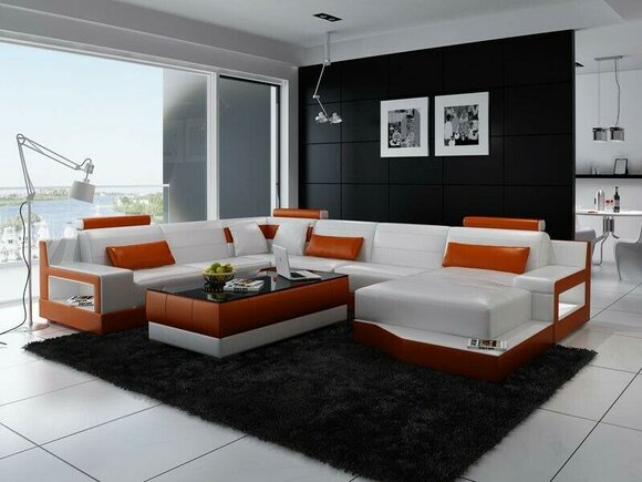 Ecksofa Sofa Wohnlandschaft U Form Polster Couch Ledersofa Weiß Orange